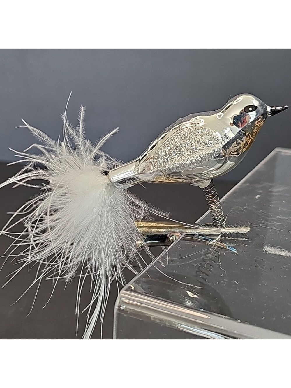 Vintage Clip On Bird Christmas Ornament Bauble Silver